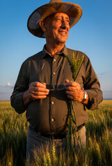 Fototapeta premium Senior farmer in standing in wheat field examining crop at sunset.