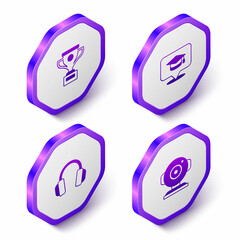 Set Isometric Award cup, Graduation cap in speech bubble, Headphones and Web camera icon. Purple hexagon button. Vector