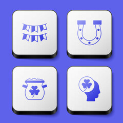 Set Carnival garland with flags, Horseshoe, Pot of gold coins and Head clover trefoil leaf icon. White square button. Vector