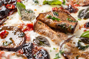 Deliziosa pizza napoletana vegetariana condita con mozzarella, pomodoro e melanzane, Cucina Italiana