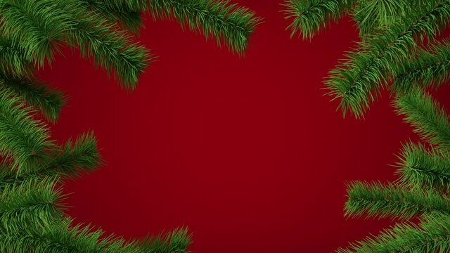 Abstract Christmas border, decorative pine frame appearing, bright red background. Christmas tree branches. Dynamic Greeting card, festive ornament. Seasonal animation, winter holidays 3D Render 4K