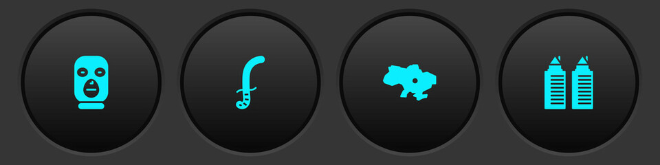 Set Thief mask, Medieval sword, Map of Ukraine and Two towers Dnipro icon. Vector