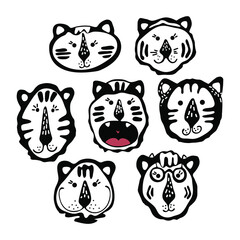Bundle of portraits of cartoon hand drawn tiger for the design in Scandinavian style. Black and white. Perfect for childish print, t-shirt, apparel, cards, poster, nursery decoration. Illustration