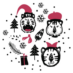 Bundle of portraits of cartoon hand drawn tiger for the design in Scandinavian style. Black and white. Perfect for childish print, t-shirt, apparel, cards, poster, nursery decoration. Christmas