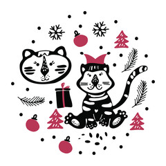 Bundle of portraits of cartoon hand drawn tiger for the design in Scandinavian style. Black and white. Perfect for childish print, t-shirt, apparel, cards, poster, nursery decoration. Christmas