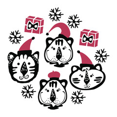 Bundle of portraits of cartoon hand drawn tiger for the design in Scandinavian style. Black and white. Perfect for childish print, t-shirt, apparel, cards, poster, nursery decoration. Christmas
