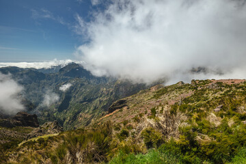 Mysterious mountains in Madeira, shrouded in fog. Pico do Arieiro and other peaks.
