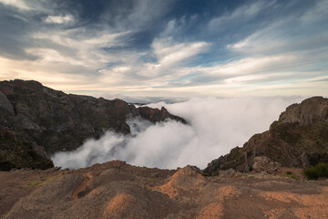 Mysterious mountains in Madeira, shrouded in fog. Pico do Arieiro and other peaks.

