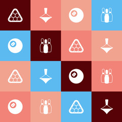 Set pop art Billiard balls in triangle, Whirligig toy, pool snooker and Bowling pin icon. Vector
