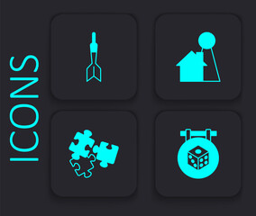 Set Game dice, Dart arrow, Chip for board game and Puzzle pieces toy icon. Black square button. Vector