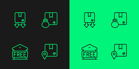 Set line Location with cardboard box, Free storage, Cardboard traffic symbol and Carton icon. Vector