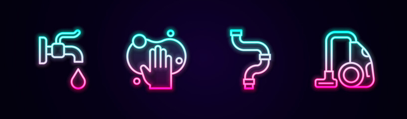 Set line Water tap, Sponge, Industry metallic pipe and Vacuum cleaner. Glowing neon icon. Vector