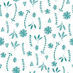 Seamless texture for your design. Hand-drawn background with flowers, twigs and green leaves. Doodle style.