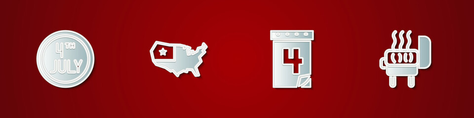 Set Calendar with date July 4, USA map, and Barbecue grill icon. Vector