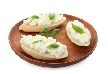 Bread with cottage cheese and basil isolated on white