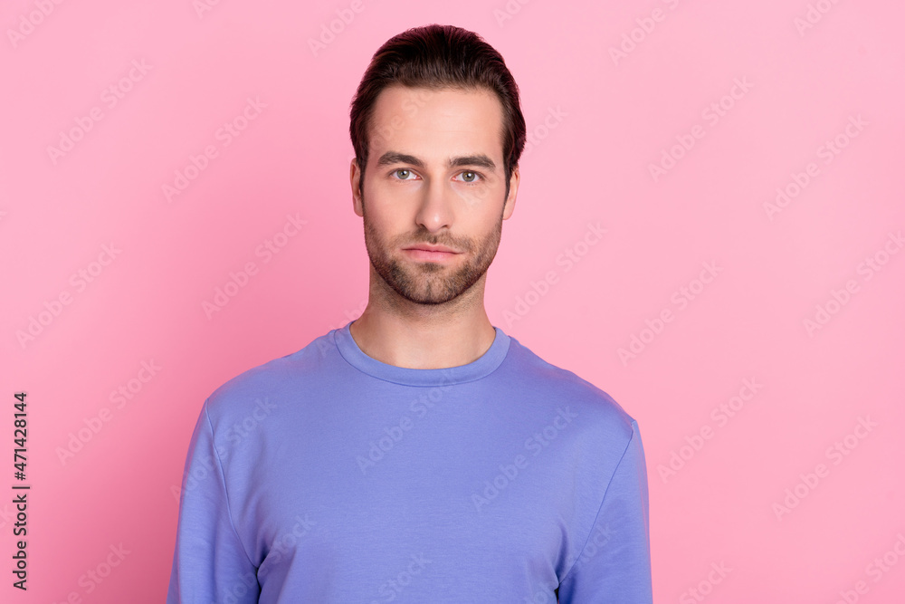 Sticker Photo of brunet strict millennial guy wear blue sweater isolated on pastel pink color background