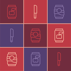 Set line Soda can, and Knife icon. Vector