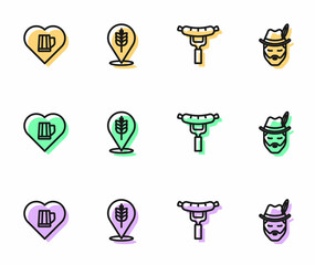 Set line Sausage on the fork, Heart with glass of beer, Wheat and Oktoberfest man icon. Vector