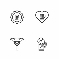 Set line Glass of beer, Sausage on the fork, Bottle cap and Heart with glass icon. Vector