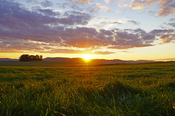 Sunset in the Sauerland. Landscape with setting sun in the evening.