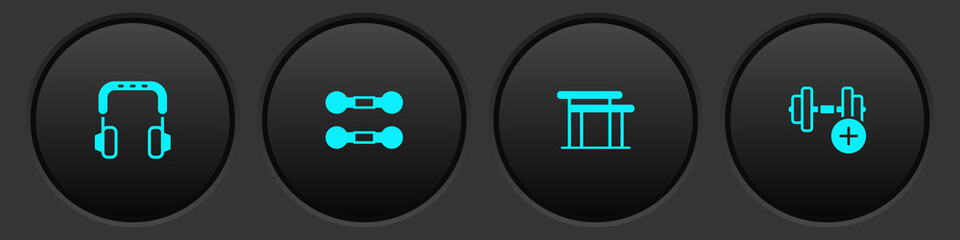 Set Headphones, Dumbbell, Uneven bars and icon. Vector