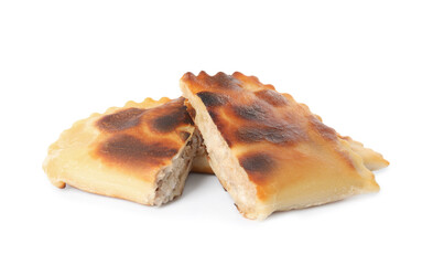 Cut fried cheburek isolated on white. Traditional pastry
