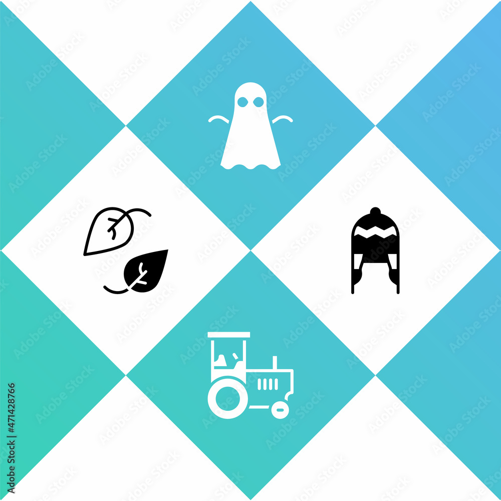 Sticker Set Leaf, Tractor, Ghost and Winter hat icon. Vector