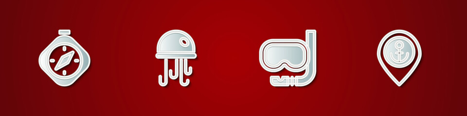 Set Compass, Jellyfish, Diving mask and snorkel and Location with anchor icon. Vector