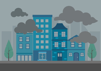 Obraz na płótnie Canvas Air pollution city landscape in flat design. Harmful pollutant in environment concept vector illustration.