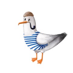 funny seagull with pipe, marine clipart, watercolor style illustration with cartoon character