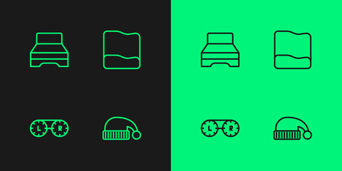 Set line Sleeping hat, Contact lens container, Big bed and Pillow icon. Vector