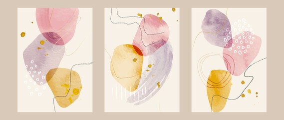Abstract art background vector. Modern Nature shape line art wallpaper.  Minimalist hand painted illustrations with watercolor stain texture for home deco, wall art, Social media story background.