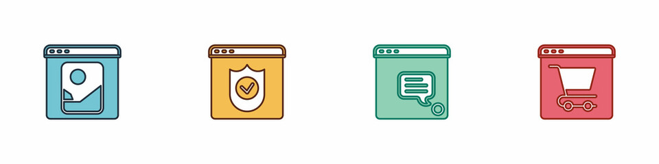 Set Photo retouching, Browser with shield, New chat messages notification and Online shopping screen icon. Vector