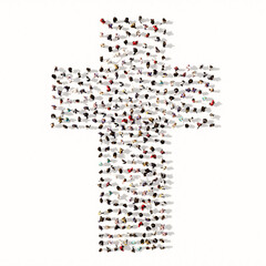 Concept or conceptual large community  of people forming the image of a religious christian cross. A 3d illustration metaphor for God, Christ, religion, spirituality, prayer, Jesus or belief