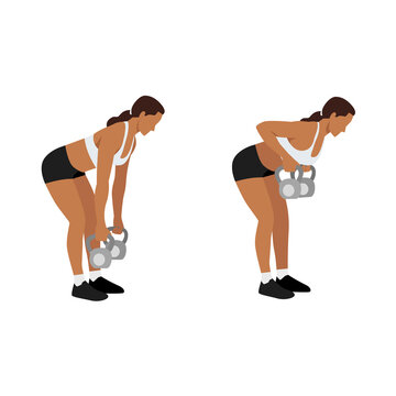 Woman doing Two arm kettlebell row exercise. Flat vector illustration isolated on white background. workout character set