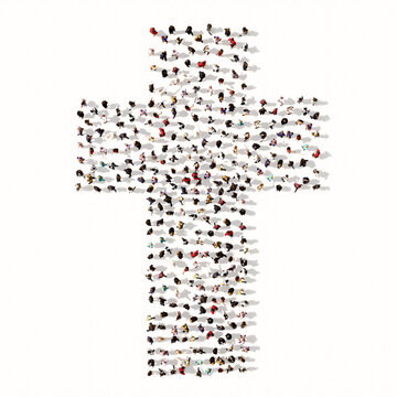 Concept or conceptual large community  of people forming the image of a religious christian cross. A 3d illustration metaphor for God, Christ, religion, spirituality, prayer, Jesus or belief