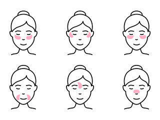 Girl with Different Method for Use Gel Patch Line Icon. Patches Under Eye, Between Brows, for Mouth and Nose Pictogram. Face Anti Aging Procedure Icon. Editable Stroke. Isolated Vector Illustration