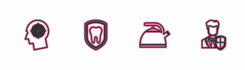 Set line Head hunting concept, Kettle with handle, Dental protection and User icon. Vector