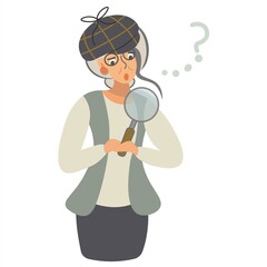 The intelligent lady detective is shocked. Madame in search. Surprised woman wearing a Sherlock Holmes cap looks through a magnifying glass. Isolated vector illustrations. Vintage flat style.