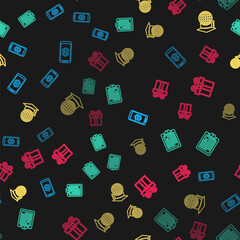 Set line Smartphone with dollar, Clipboard dental card, Graduation cap globe and Gift box on seamless pattern. Vector