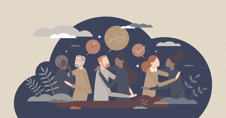 Mental health support and talking to friends or therapist help tiny person concept. Comforting or counseling after emotional crisis, depression or trauma vector illustration. Social care and empathy.