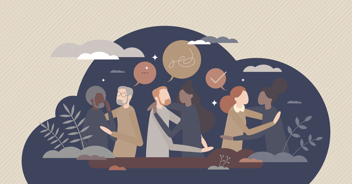 Mental health support and talking to friends or therapist help tiny person concept. Comforting or counseling after emotional crisis, depression or trauma vector illustration. Social care and empathy.