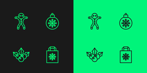 Set line Christmas shopping bag, Branch viburnum, Holiday gingerbread man cookie and ball icon. Vector