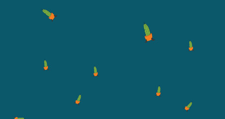 Image of illustration of cacti in orange pots falling on blue background