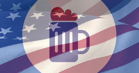 Image of red, white and blue beer mug and circles over american flag