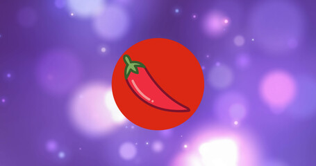 Image of red chili pepper in red circle over moving bokeh lights on purple background
