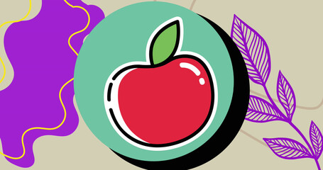 Image of red apple falling in green circle with purple shape and leaves on grey background