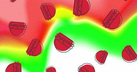 Image of red hamburgers falling on abstract red, white and green background