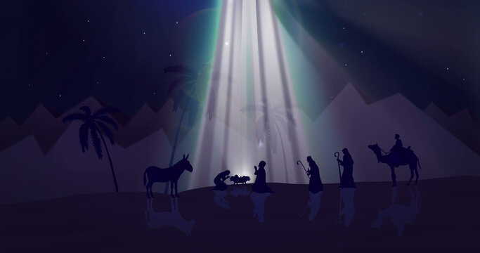 Image of nativity with glowing lights and floating spots