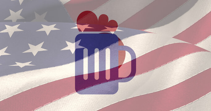 Image of red, white and blue beer mug and circles over american flag - Powered by Adobe